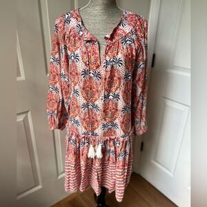 Cara Cara Kavita Split-Neck Orange/Navy Floral Cotton Dress Medium